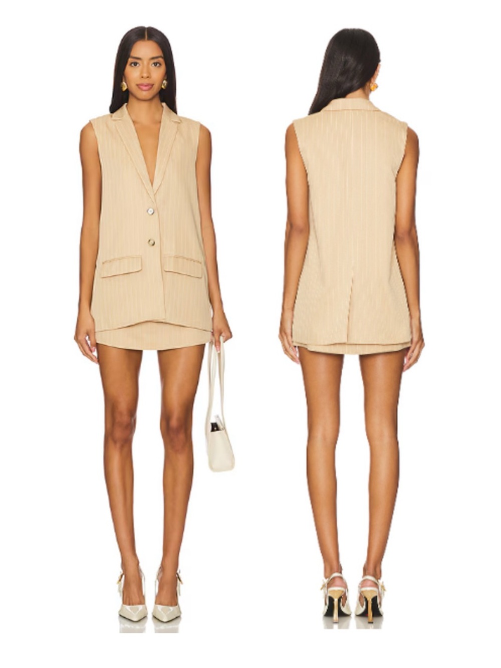 All the ways Sleeveless Pinstripe Blazer Skirt Set in Beige